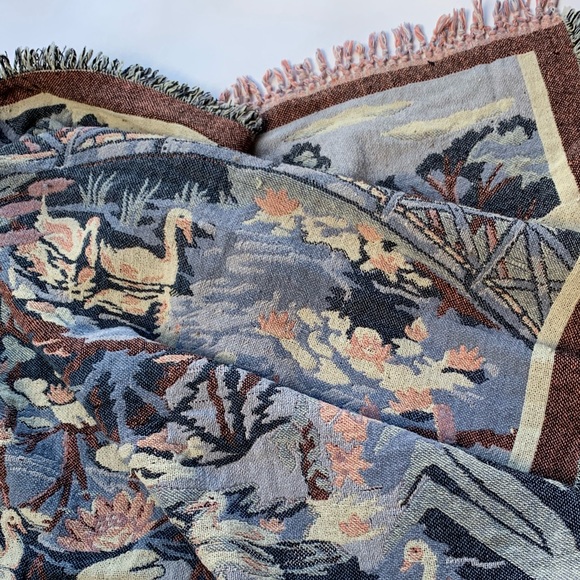 Vintage Other - Cottagecore Blue and Pink Scene with Bridge over River & Ducks Wall Tapestry